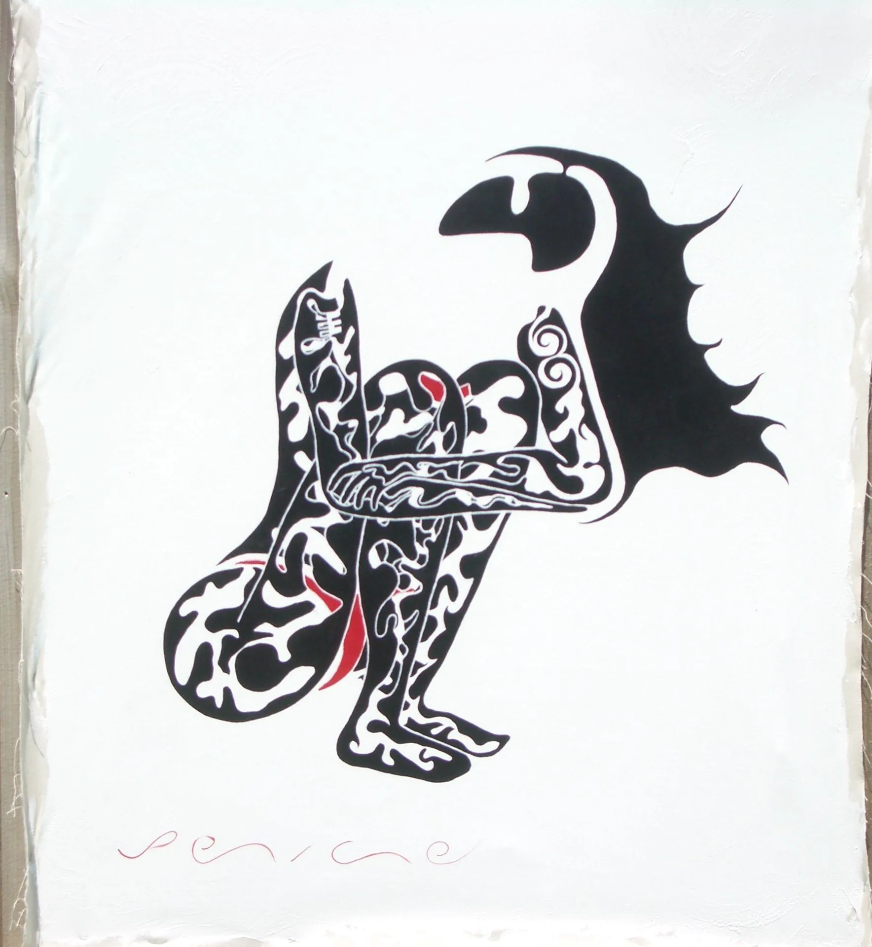 Curled Up by Peniche: a crouching figure in black with white patterns and red details on a white background.