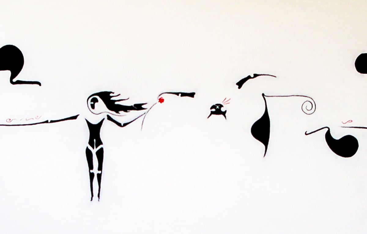 Al viento, de Peniche: figuras negras alargadas en movimiento horizontal con un punto rojo, sobre fondo blanco.