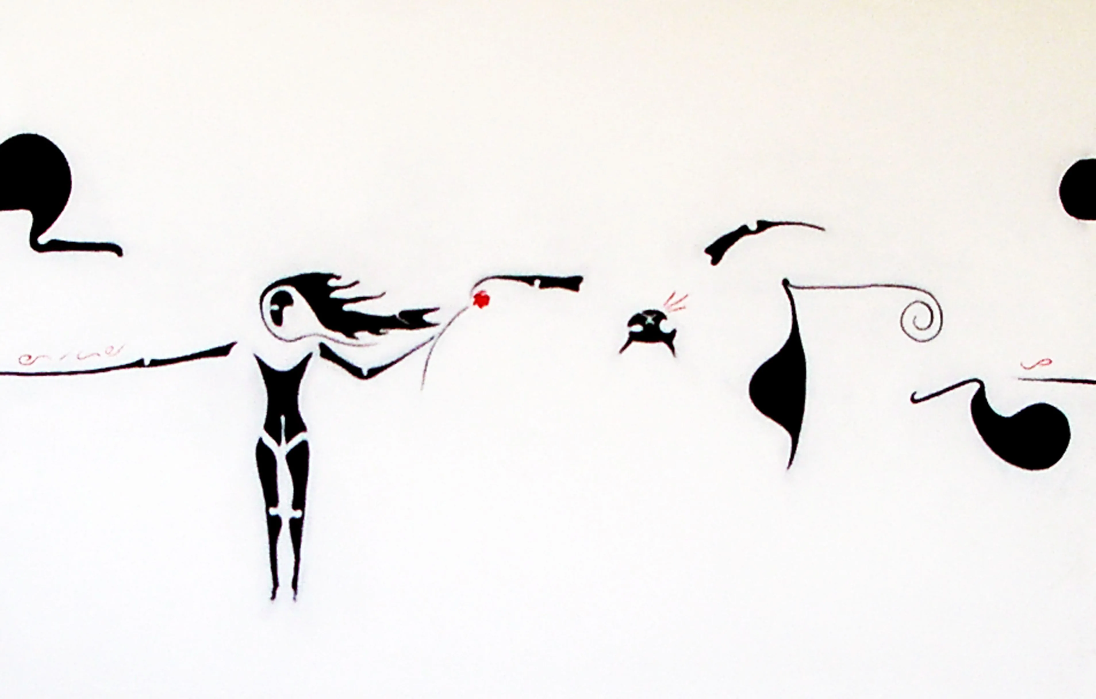 Al viento, de Peniche: figuras negras alargadas en movimiento horizontal con un punto rojo, sobre fondo blanco.