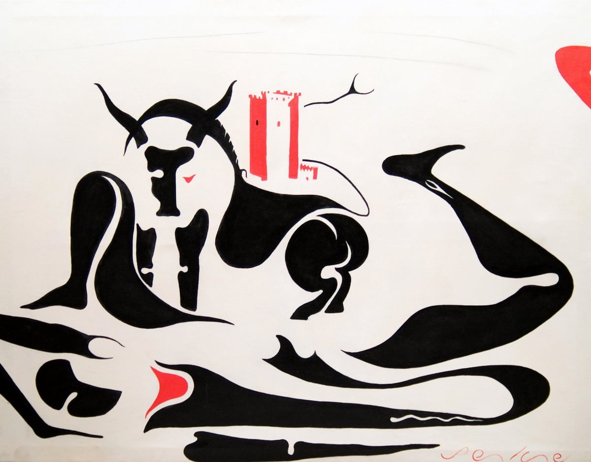 Alcalá del Júcar, by Peniche: a black bull drawn in curving lines with a red tower on its back, on a cream background.