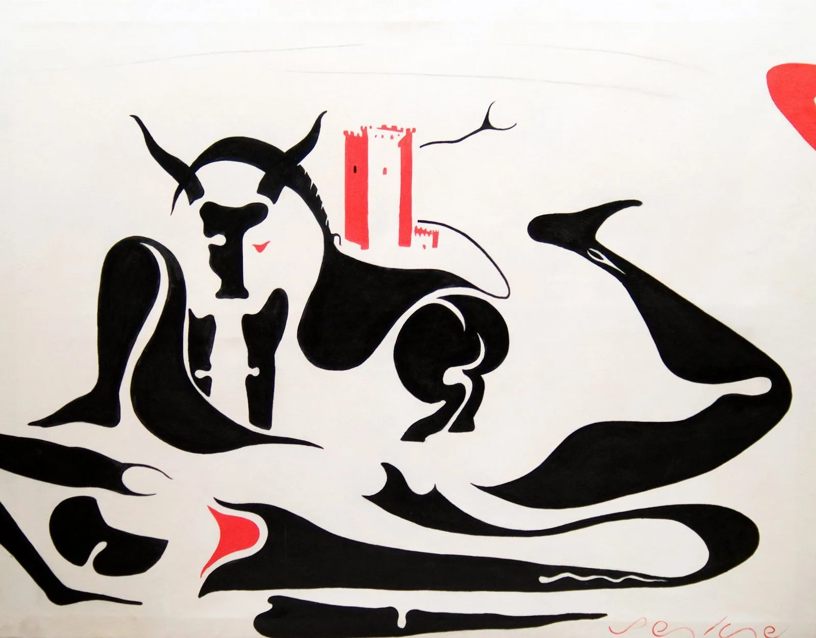 Alcalá del Júcar, by Peniche: a black bull drawn in curving lines with a red tower on its back, on a cream background.