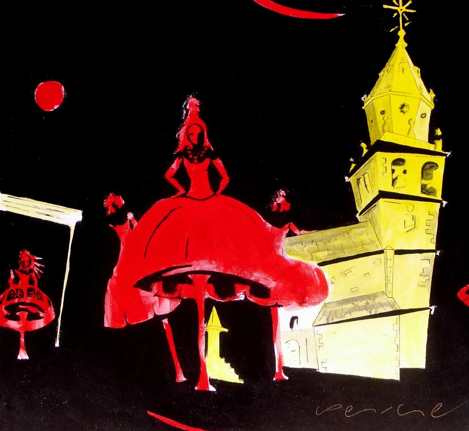 Bailarinas frente a la iglesia, de Peniche: bailarinas de faldas rojas frente a una iglesia amarilla, con una luna roja, sobre fondo negro.