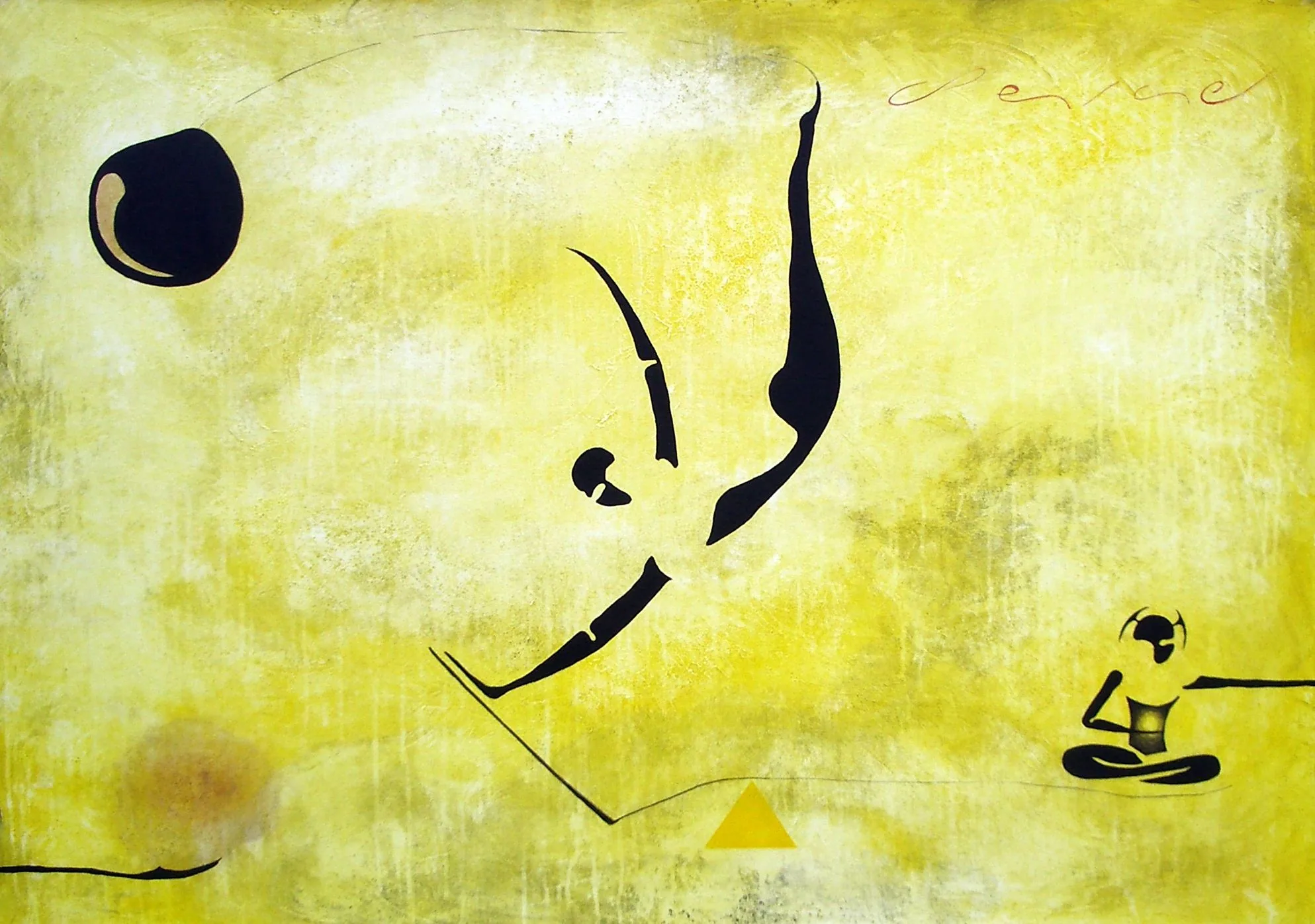 Balance, de Peniche: figura negra que cae en diagonal sobre fondo amarillo, con una pequeña figura sentada y un triángulo rojo.