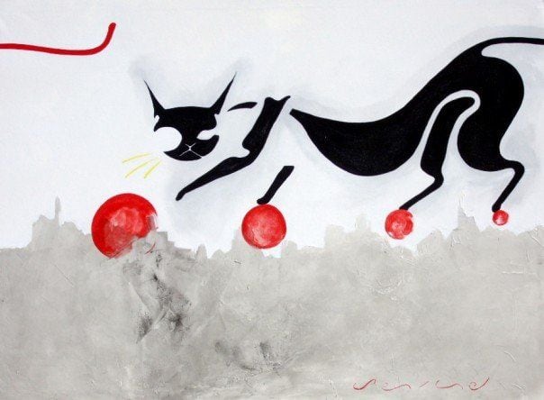 Caminando sigilosamente sobre la delgada línea de lo masculino y lo femenino (Walking Stealthily on the Thin Line Between the Masculine and the Feminine), by Peniche: a stylised black cat stepping over red spheres, with a red line above and a grey band below, on a white background.