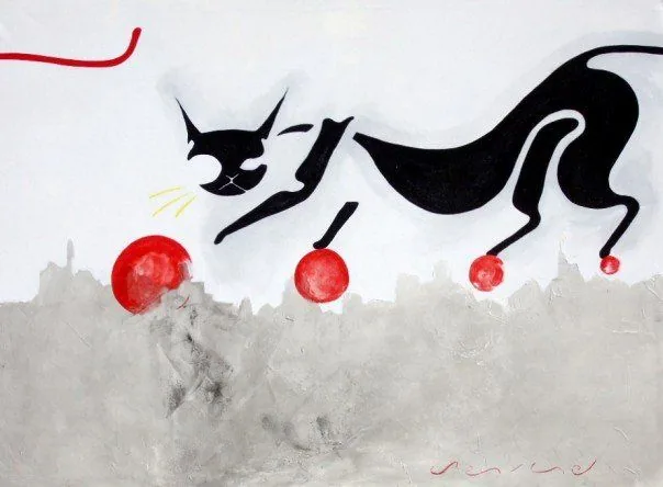 Caminando sigilosamente sobre la delgada línea de lo masculino y lo femenino (Walking Stealthily on the Thin Line Between the Masculine and the Feminine), by Peniche: a stylised black cat stepping over red spheres, with a red line above and a grey band below, on a white background.