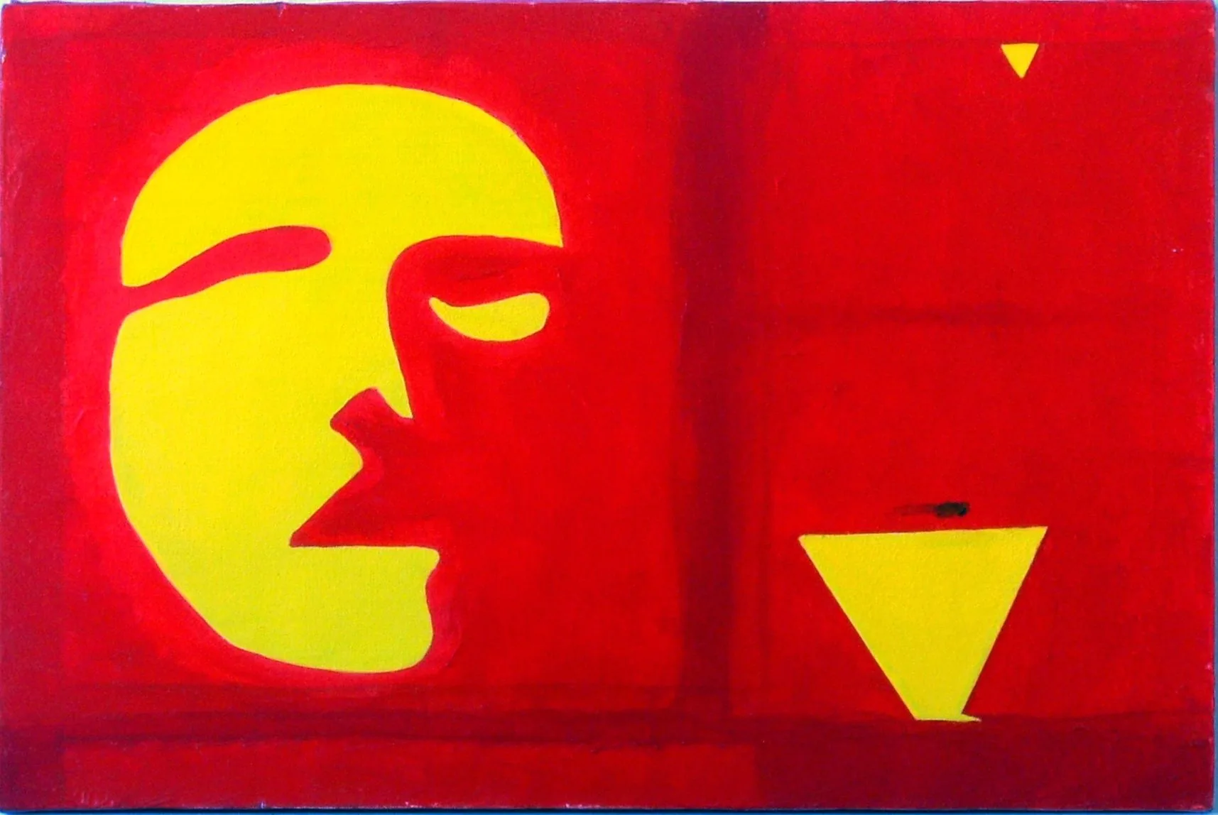 Castración, de Peniche: rostro amarillo de perfil sobre fondo rojo, con un triángulo amarillo invertido y un pequeño triángulo superior.