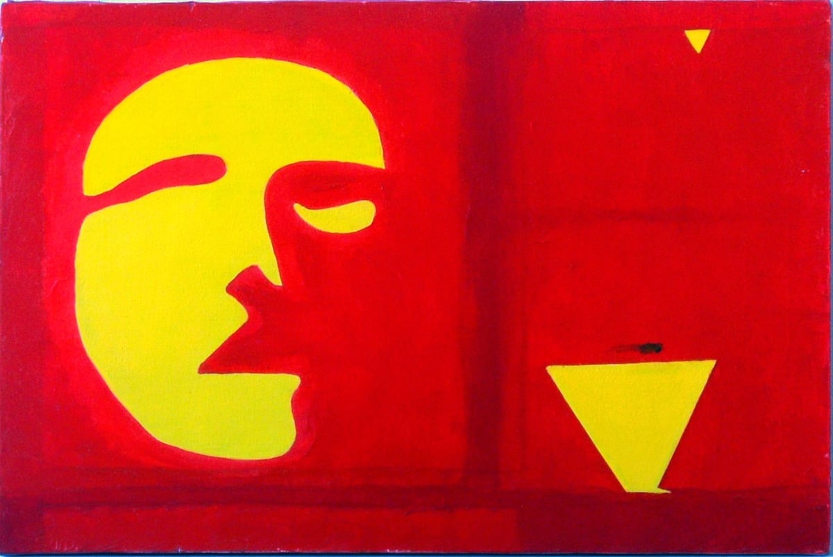 Castración (Castration), by Peniche: a yellow profile face on a red background, with an inverted yellow triangle and a small triangle above.