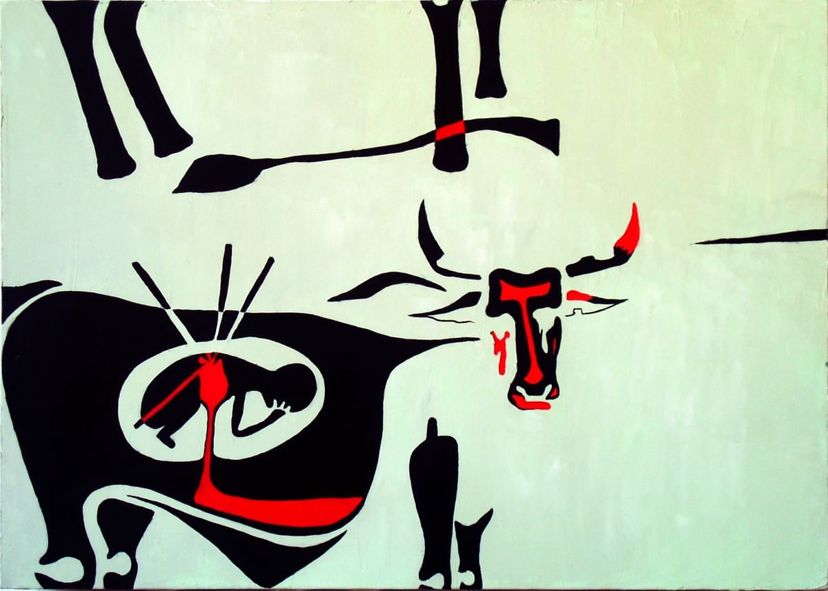 Celebración (Celebration), by Peniche: two stylized black bulls facing each other on a pale green background.