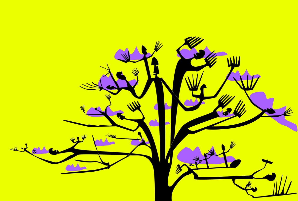 Comunidad, de Peniche: árbol negro frondoso con figuras humanas como ramas y hojas moradas, sobre fondo amarillo.