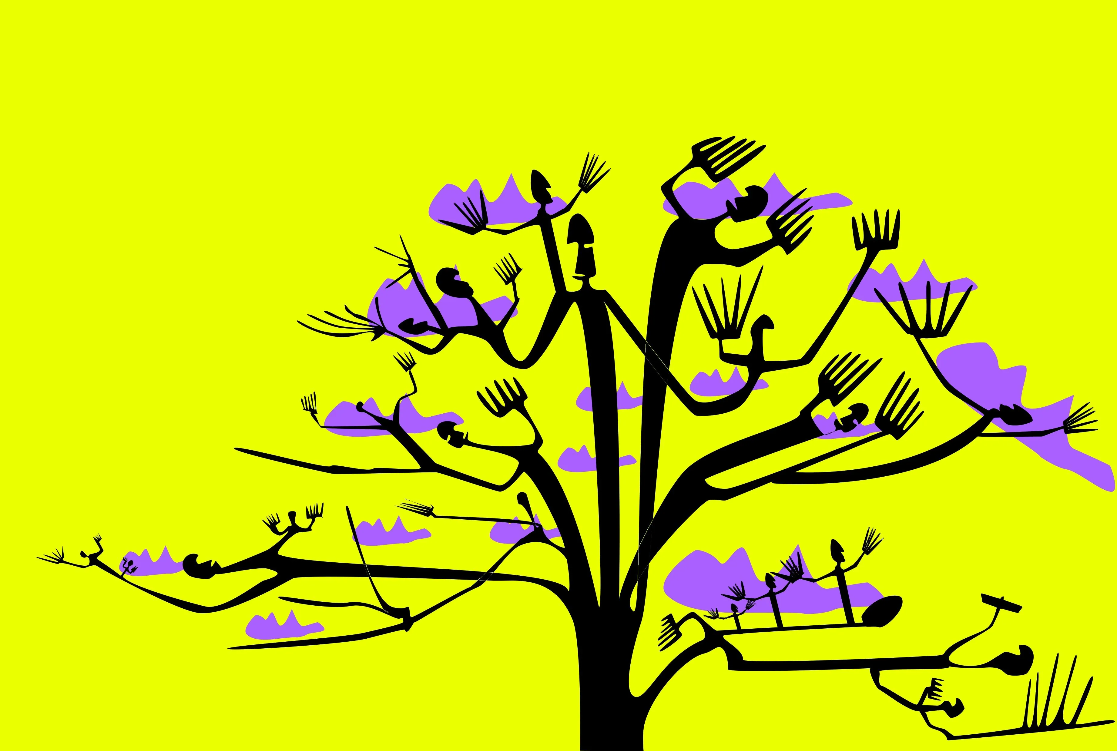 Comunidad (Community), by Peniche: a leafy black tree with human figures as branches and purple leaves, on a yellow background.