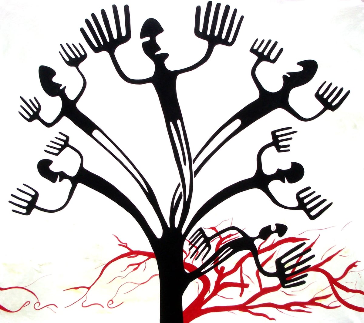 Comunidad (Community), by Peniche: a black tree whose branches are human figures with open hands, over red roots on a white background.
