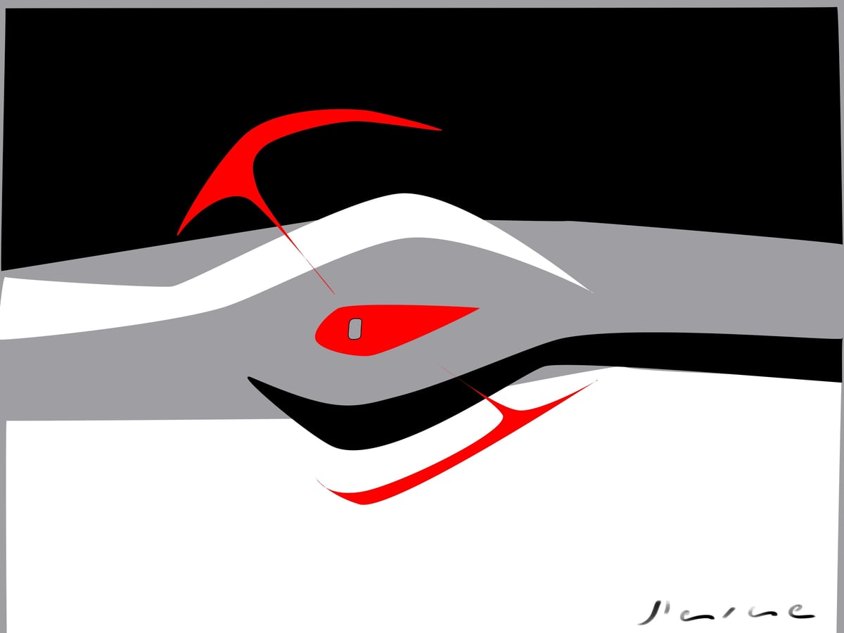 Creación, de Peniche: formas curvas en negro, gris y blanco atravesadas por un trazo rojo.