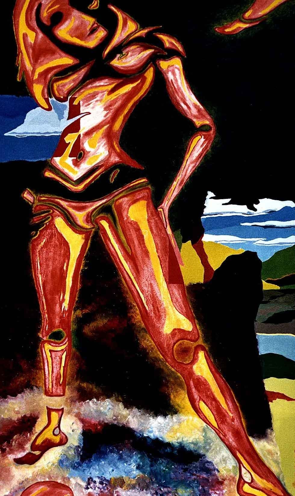 Desnudo Mujer (Nude Woman), by Peniche (oil, 2002): a standing female figure in reds and yellows, vertical composition.