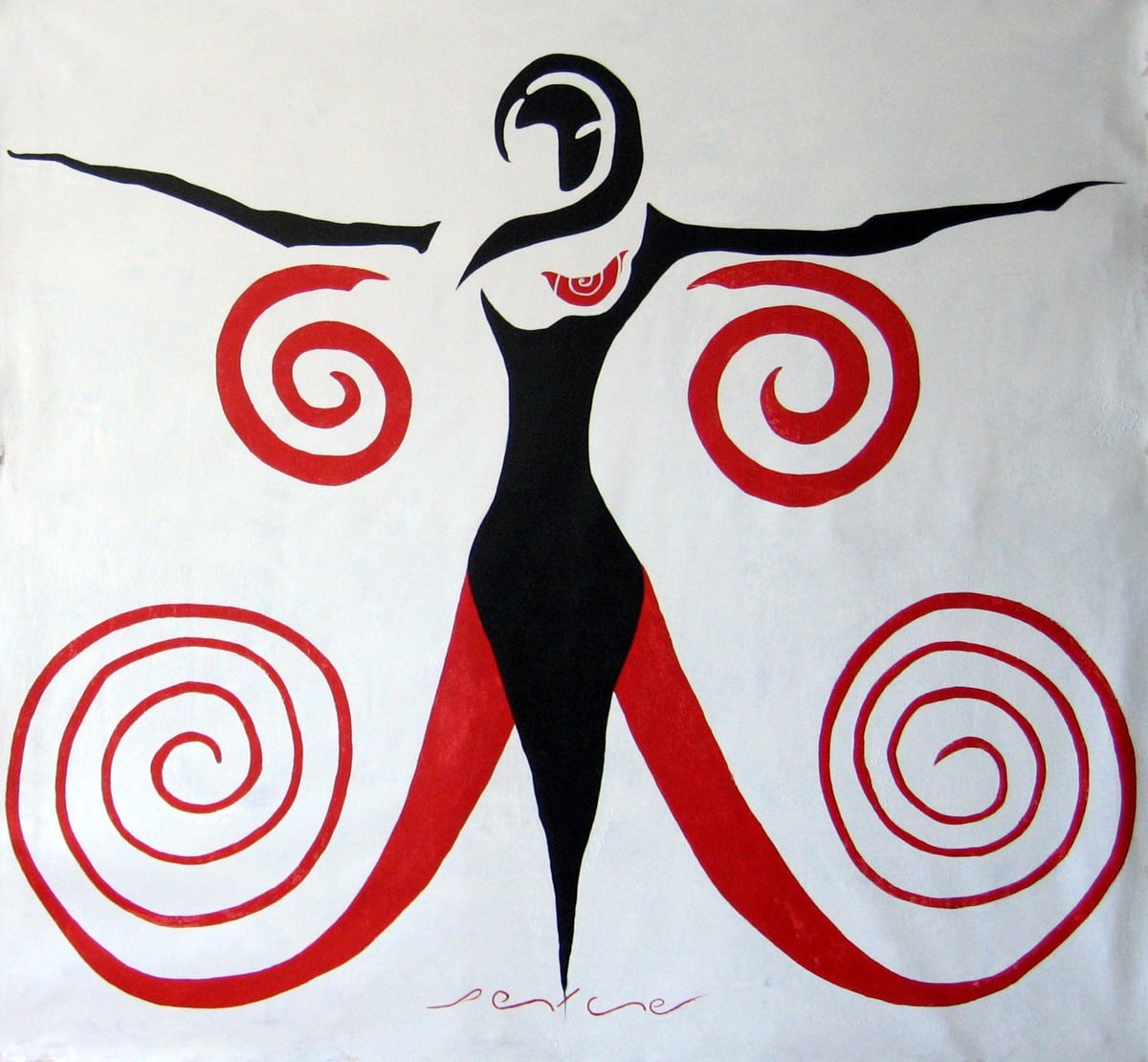Despertar (Awakening), by Peniche: a black figure with arms spread into red-and-white spirals on a light background.