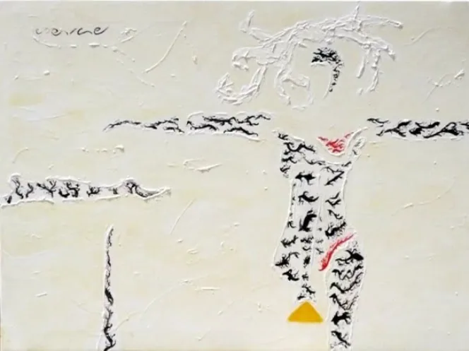 Equilibrio femenino sobre el masculino (Feminine Balance over the Masculine), by Peniche: an open-armed figure made of raised black strokes, with red touches and a yellow triangle, on a textured cream background.