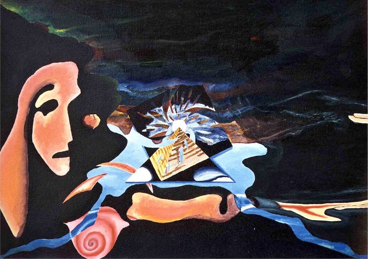 Esencia de Mujer, de Peniche (óleo, 2002): rostro femenino de perfil junto a una composición surrealista sobre fondo oscuro.