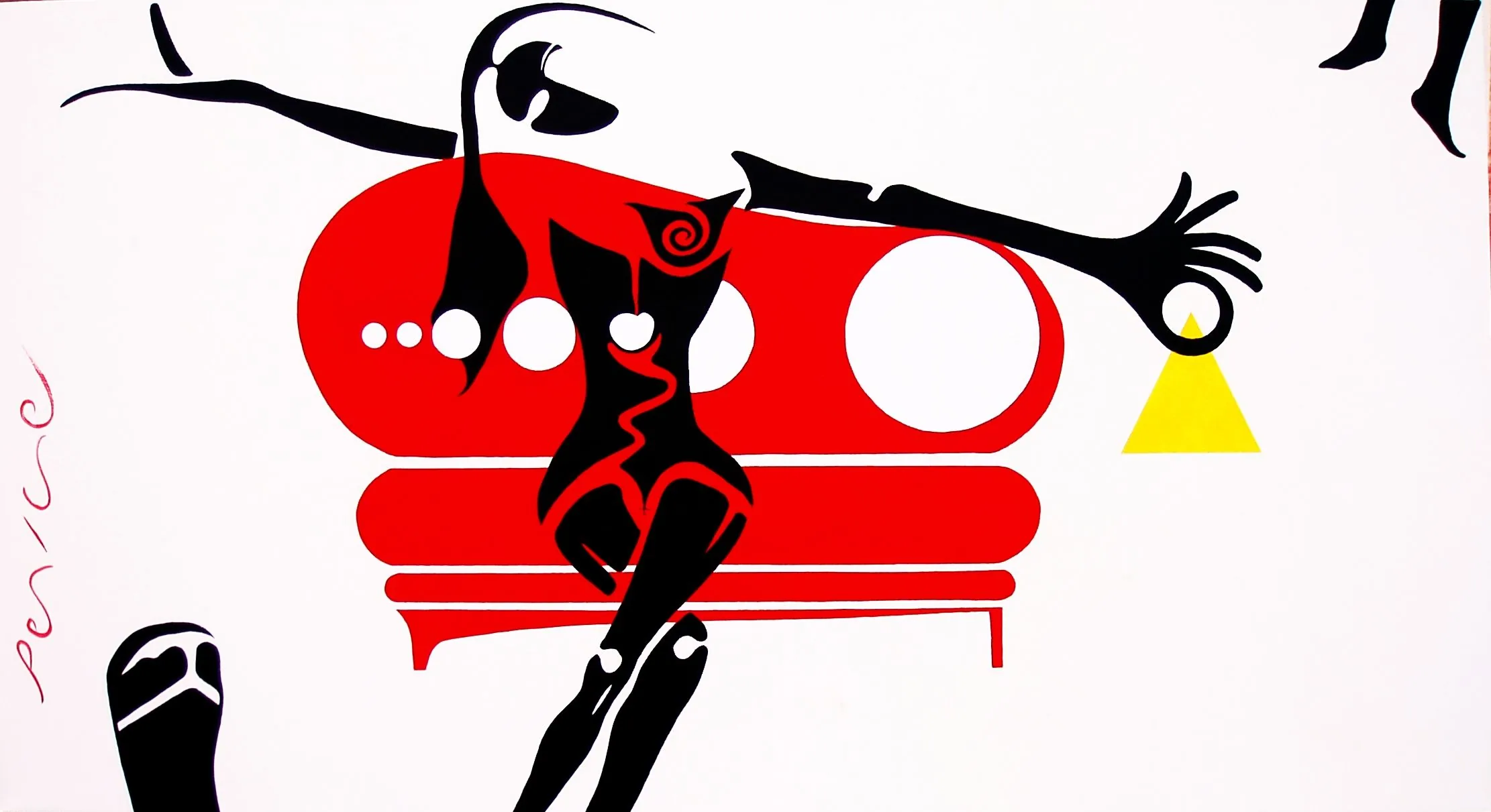 Esperando, de Peniche: figura femenina sentada en rojo y negro sobre fondo blanco, con un sofá rojo circular y un triángulo amarillo.