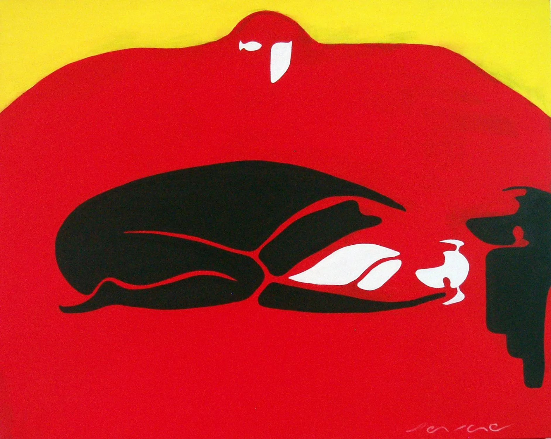 Eternidad, de Peniche: figura negra reclinada sobre fondo rojo y amarillo, con un pequeño gallo blanco.