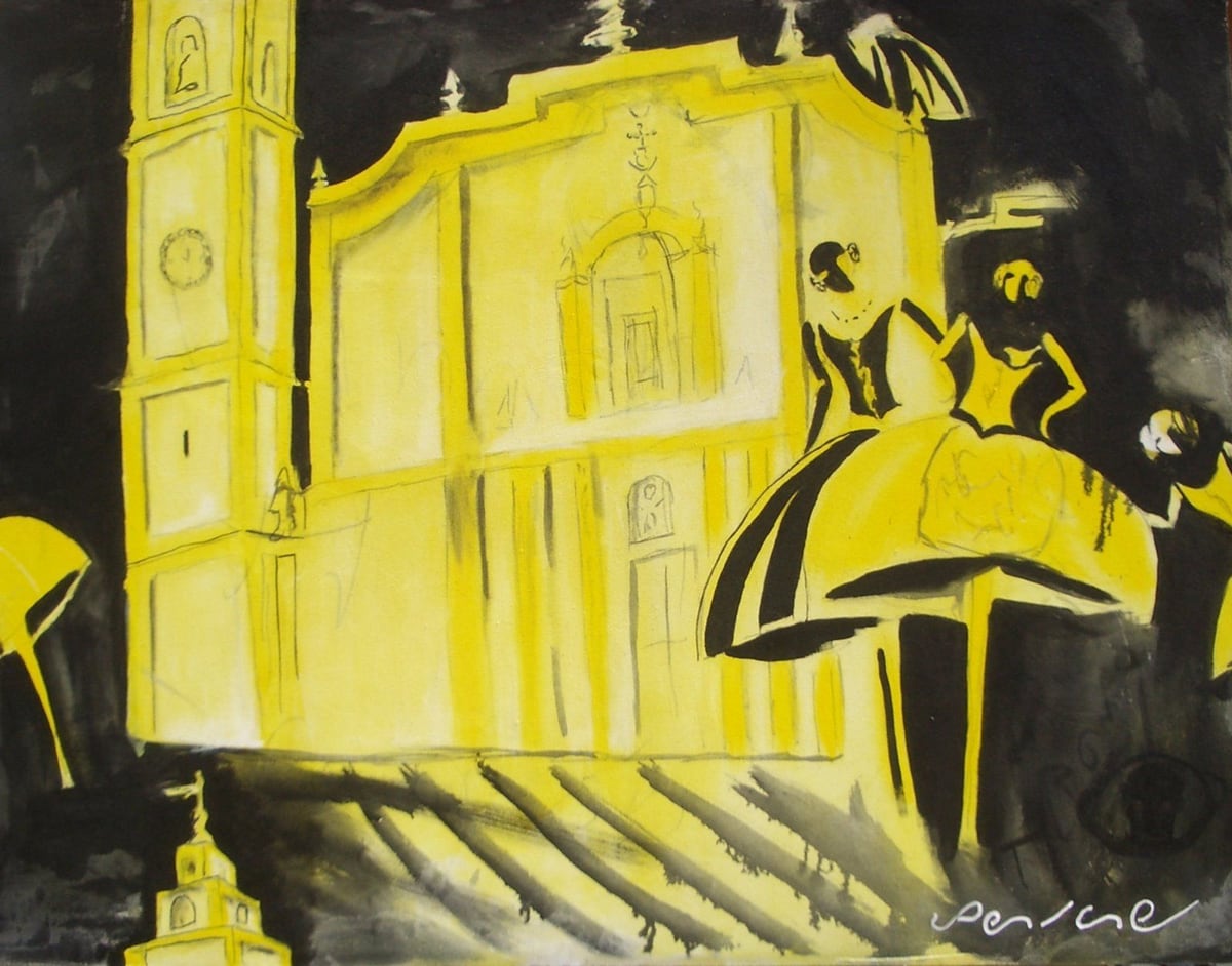 Falleras en la iglesia, de Peniche: fachada de iglesia en amarillo con falleras de falda amplia en primer plano, sobre fondo negro.