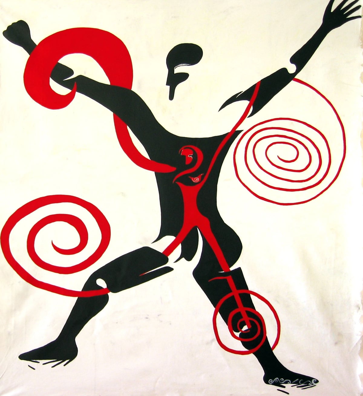 Fusión masculina femenina (Male-Female Fusion), by Peniche: a leaping black figure with red spiraling ribbons and a music-note-like symbol, on a white background.