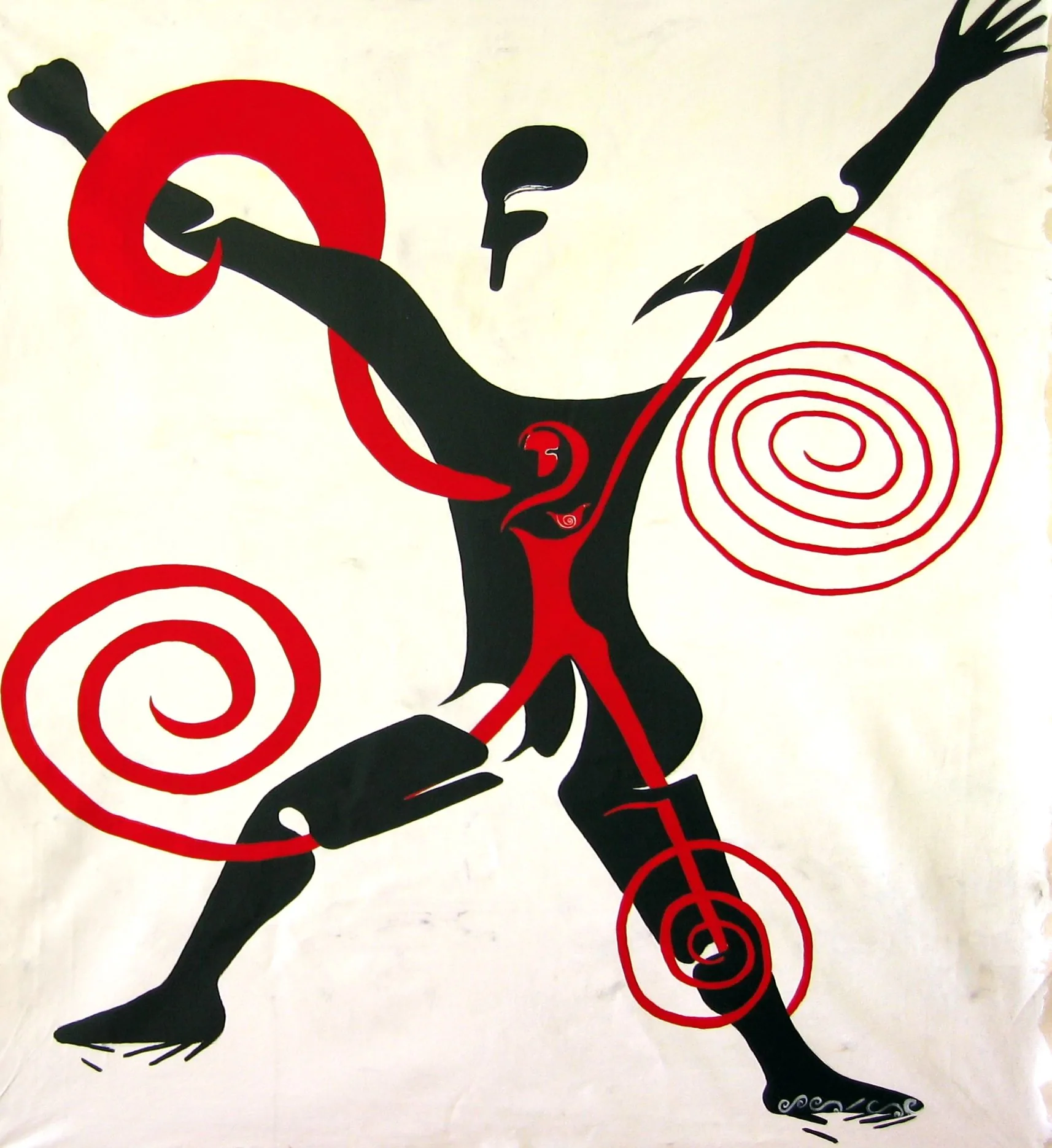 Fusión masculina femenina, de Peniche: figura negra en salto con cintas rojas en espiral y un símbolo similar a una nota musical, sobre fondo blanco.