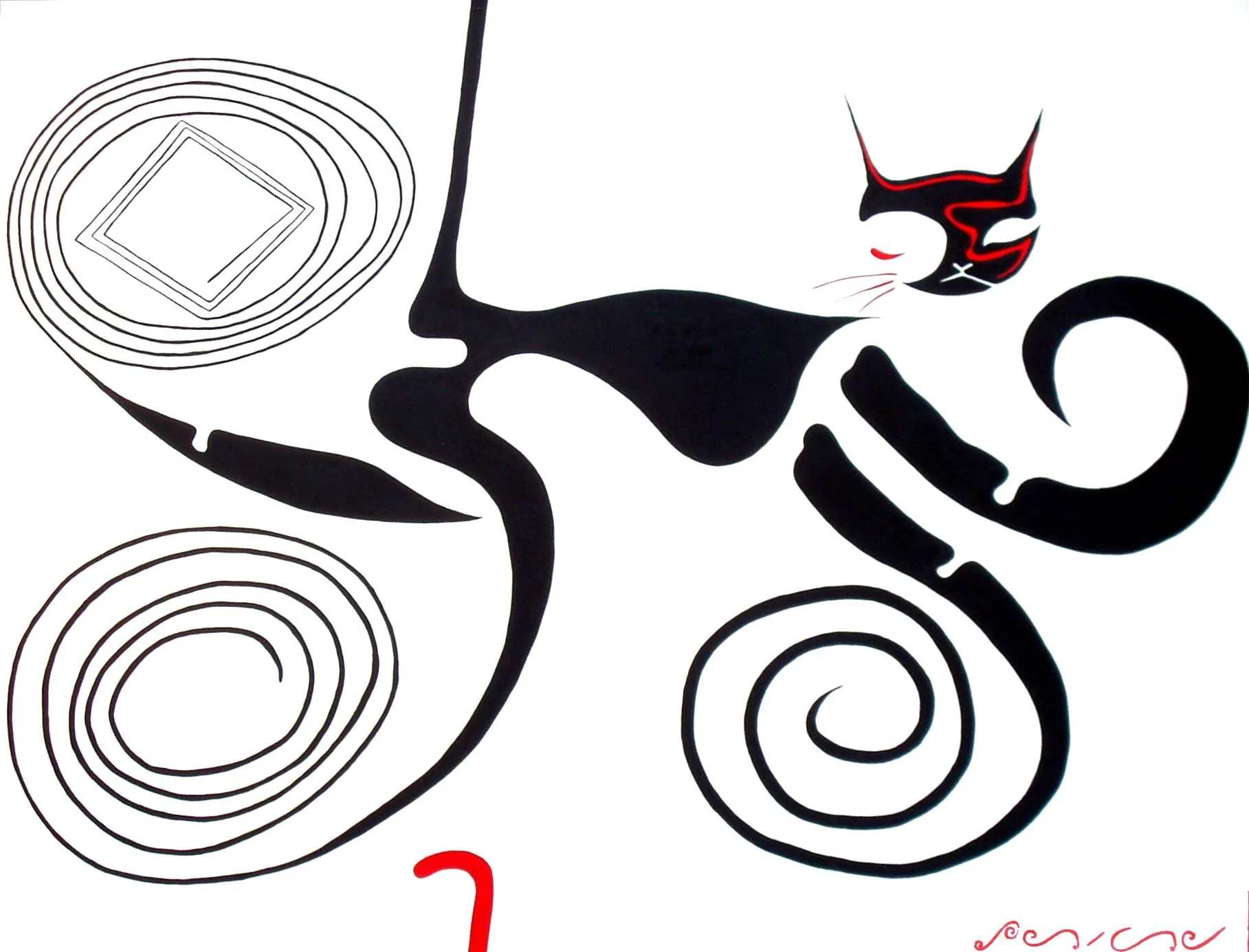 Gato imnotizante, de Peniche: gato negro estilizado con espirales negras y un toque rojo sobre fondo blanco.