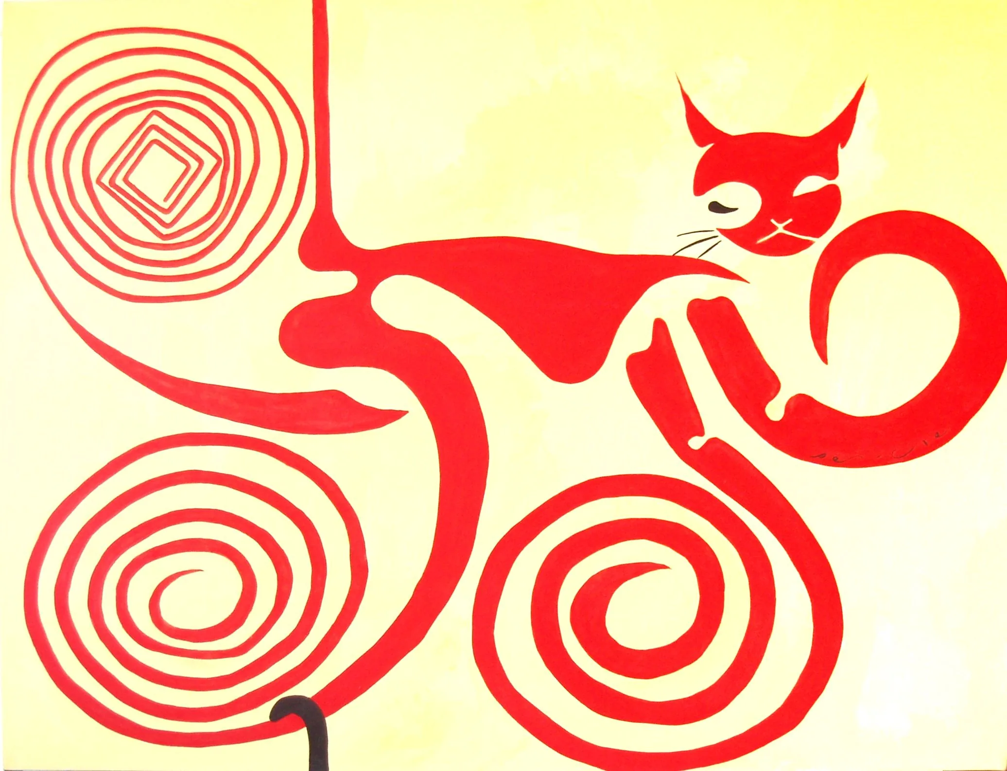 Hypnotizing Cat II by Peniche: a stylized red cat with large red spirals on a cream background.