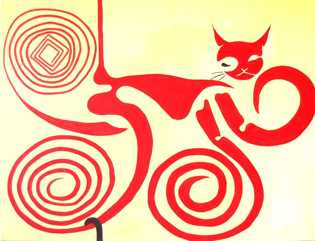 Hypnotizing Cat II by Peniche: a stylized red cat with large red spirals on a cream background.