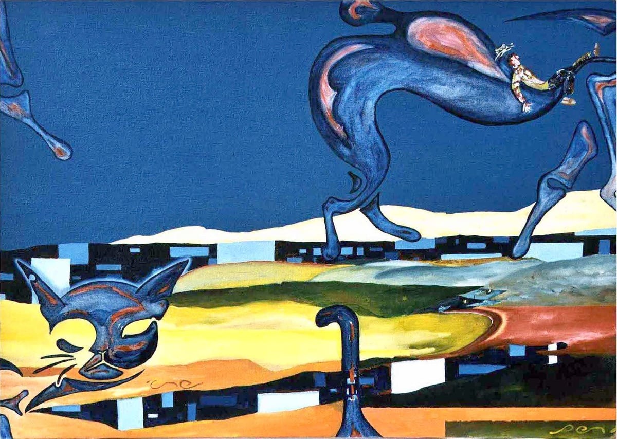 Gato, de Peniche (óleo, 2002): composición surrealista con gatos y una figura azul sobre franjas de colores.