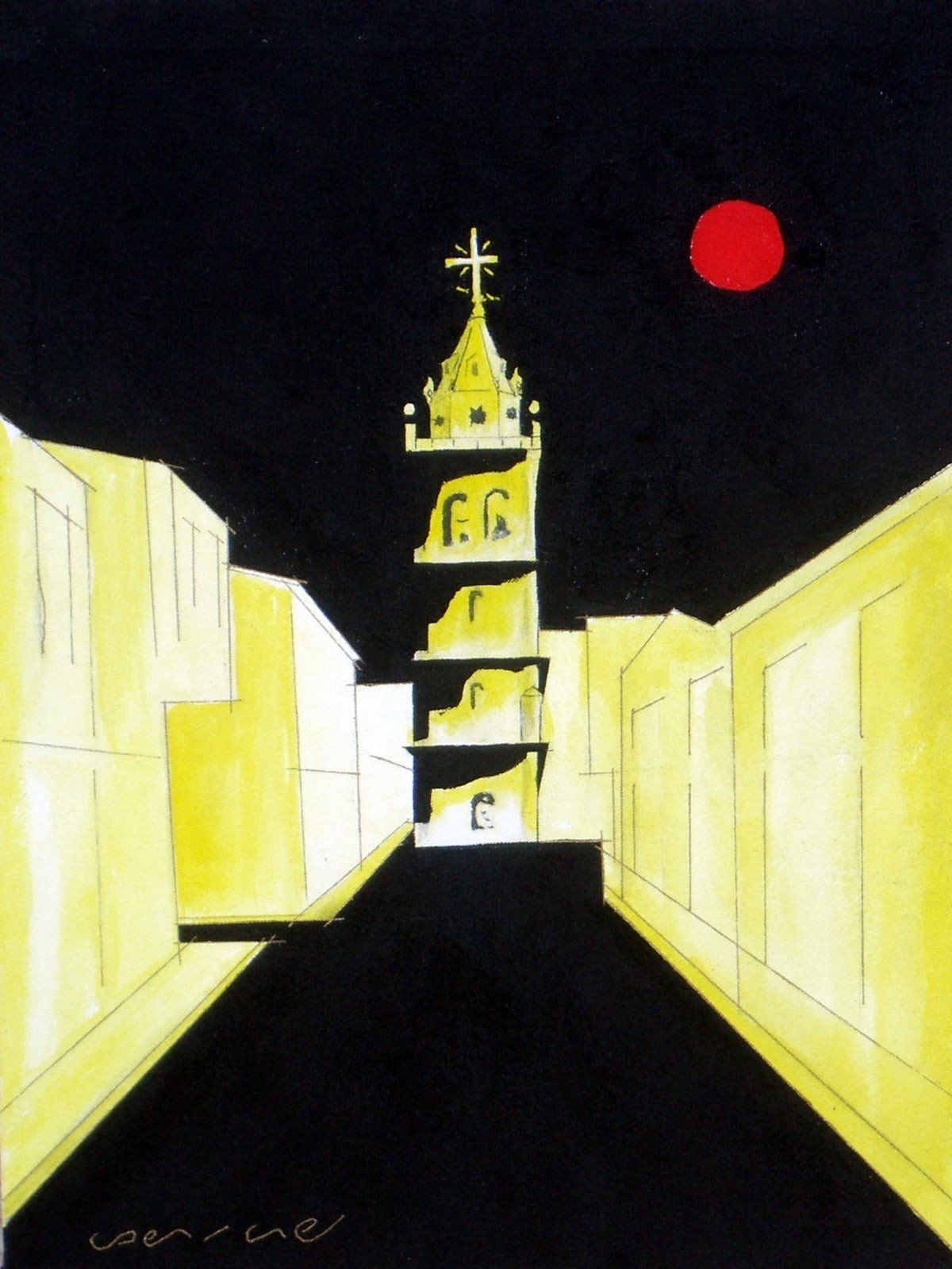 Iglesia (Church), by Peniche: a narrow street of yellow houses leading to a bell tower, with a red moon, on a black background.