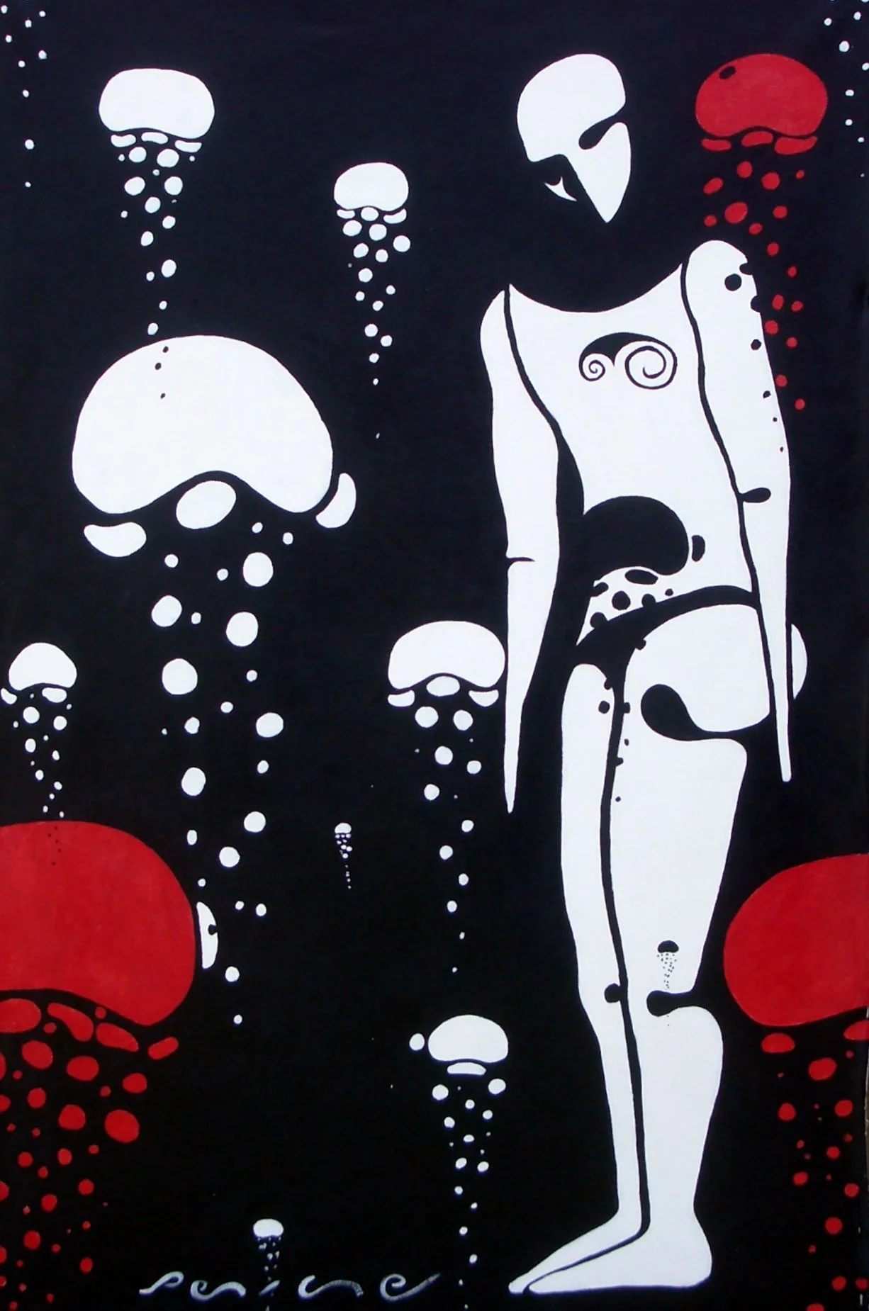 Inanimado (Inanimate), by Peniche: a standing, motionless white human figure among rising white and red bubbles on a black background.