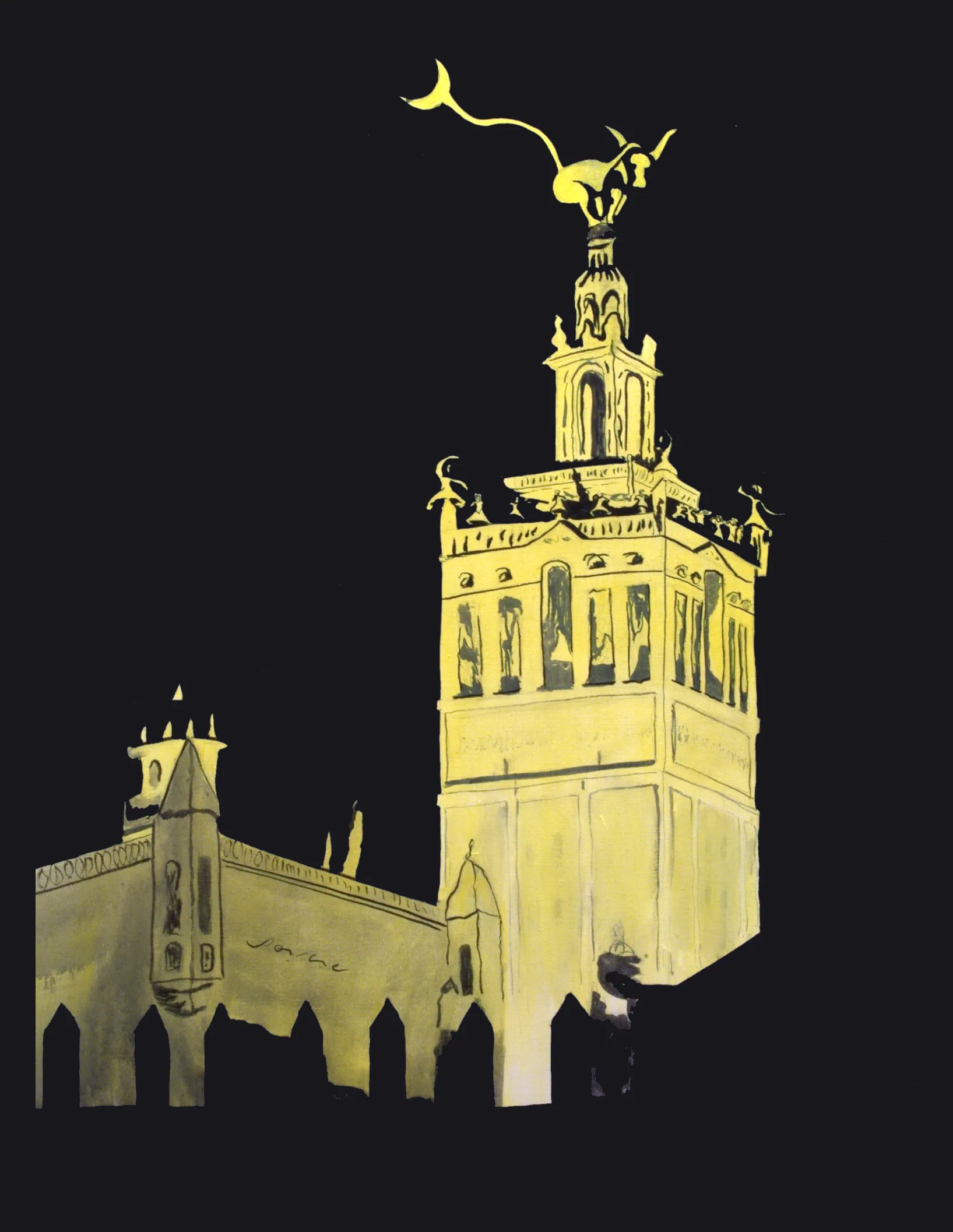 La Giralda, Seville by Peniche: the Giralda tower in yellow with a crescent moon, on a black background.