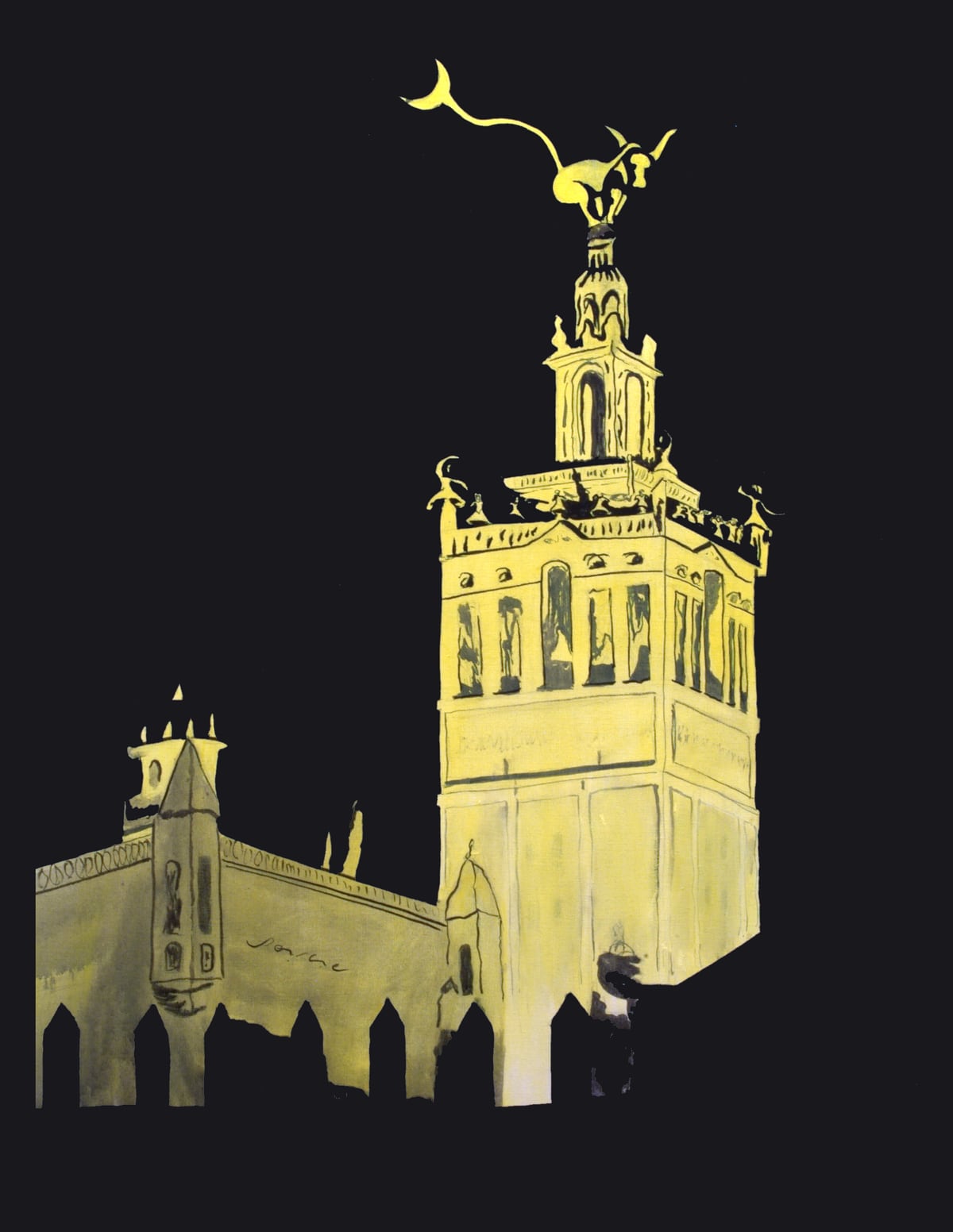 La Giralda, Seville by Peniche: the Giralda tower in yellow with a crescent moon, on a black background.