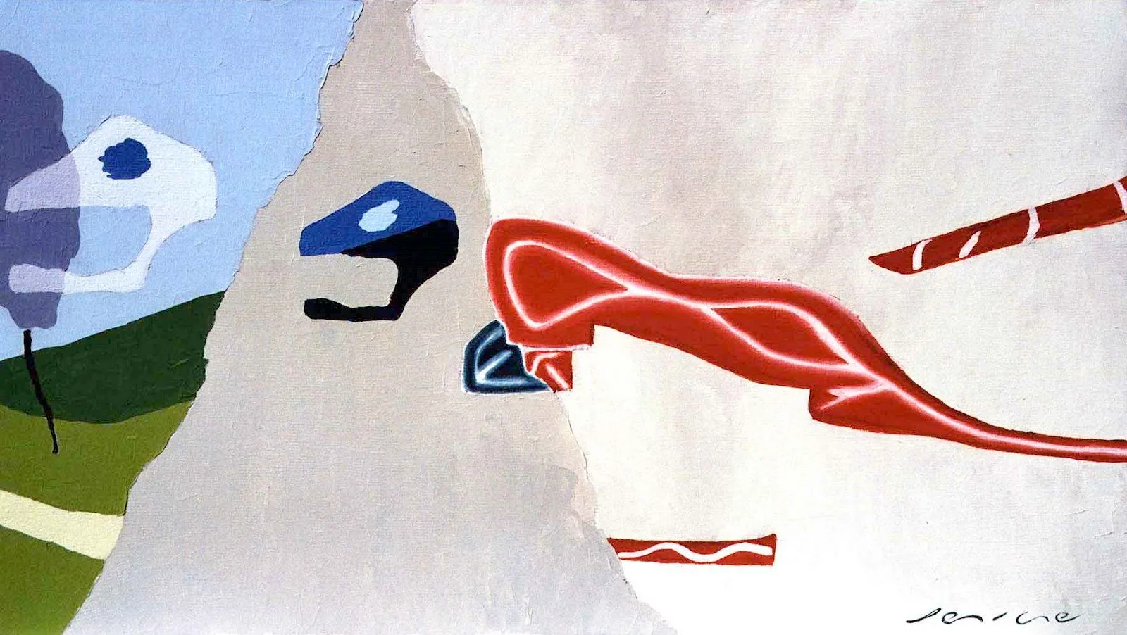 Lagartija (Lizard), by Peniche (oil, 2002): a long red lizard shape beside a white mountain and blue heads.