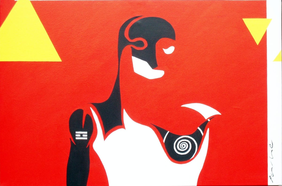 Feminine Machismo by Peniche: a profile figure in black and white with a spiral on its chest, on a red background with yellow triangles.