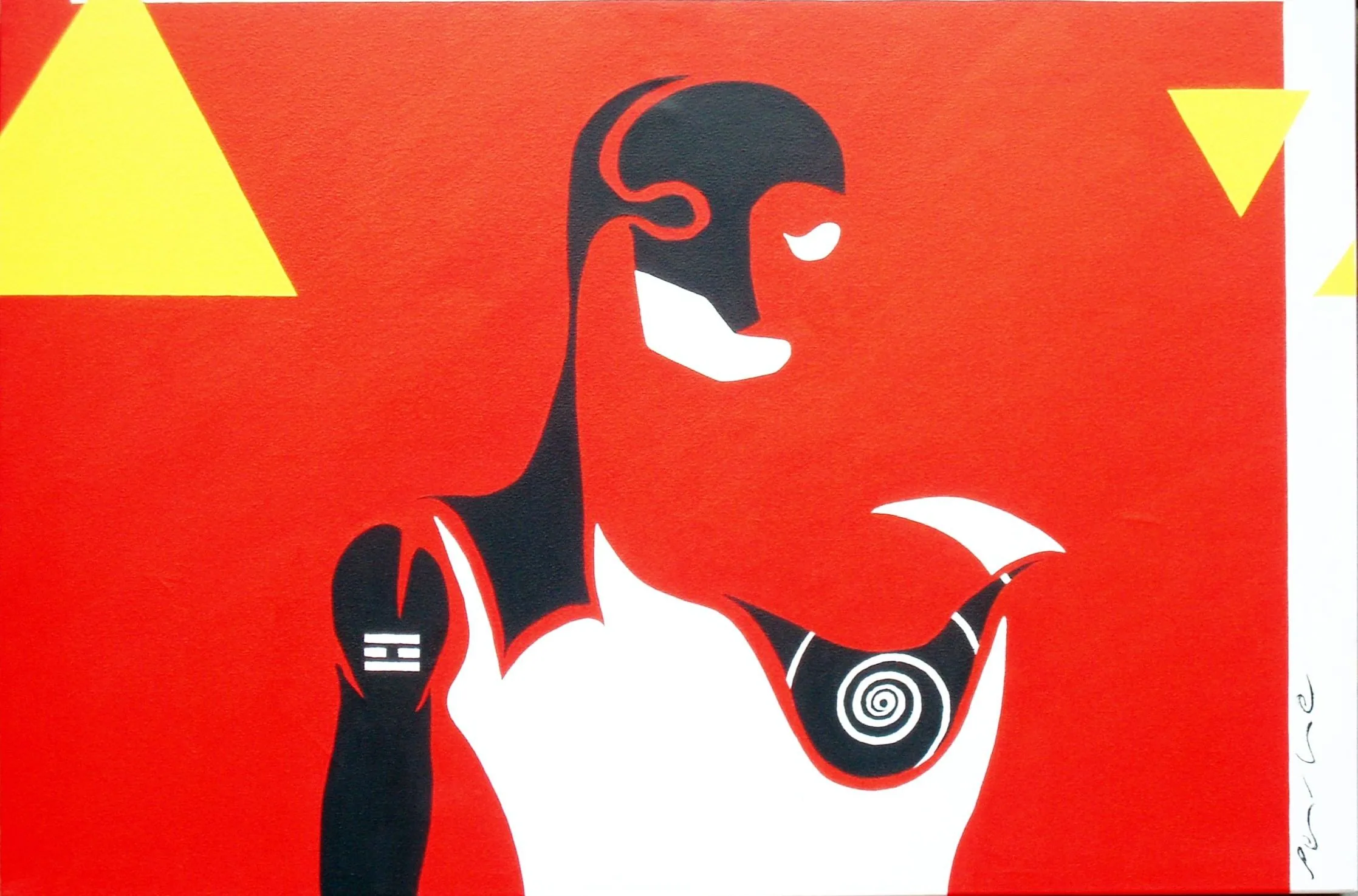 Machismo femenino, de Peniche: figura de perfil en negro y blanco con una espiral en el pecho, sobre fondo rojo con triángulos amarillos.