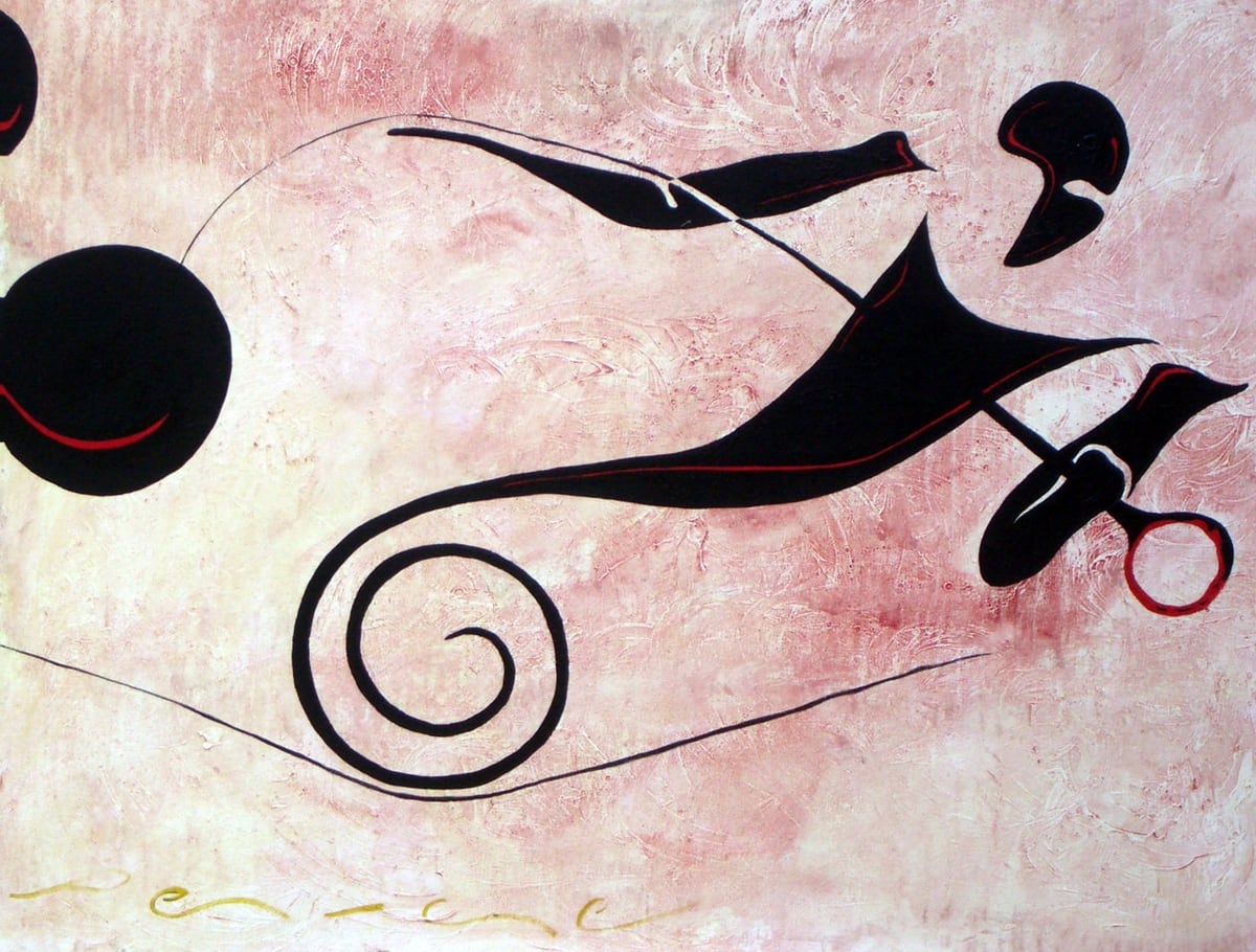 Malabarista, de Peniche: figura negra en equilibrio entre dos espirales concéntricas, sobre fondo claro.