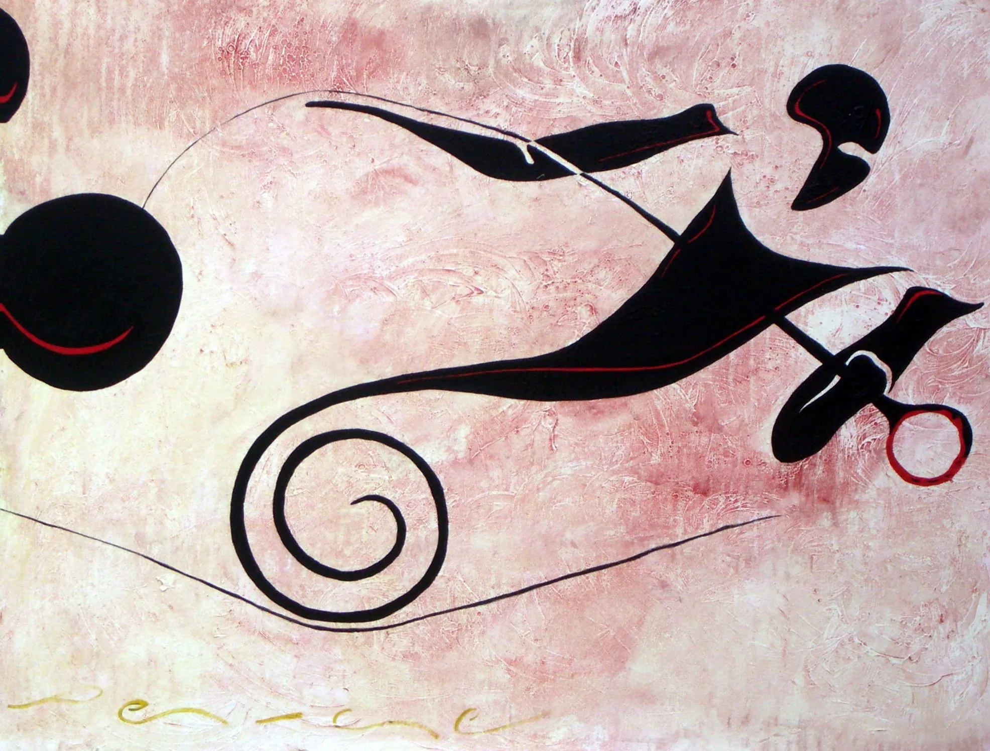 Malabarista (Juggler), by Peniche: a black figure balancing between two concentric spirals, on a light background.