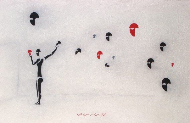 Máscaras (Masks), by Peniche: a standing black figure tossing black and red masks into the air, on a white background.