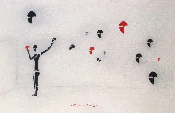 Máscaras (Masks), by Peniche: a standing black figure tossing black and red masks into the air, on a white background.