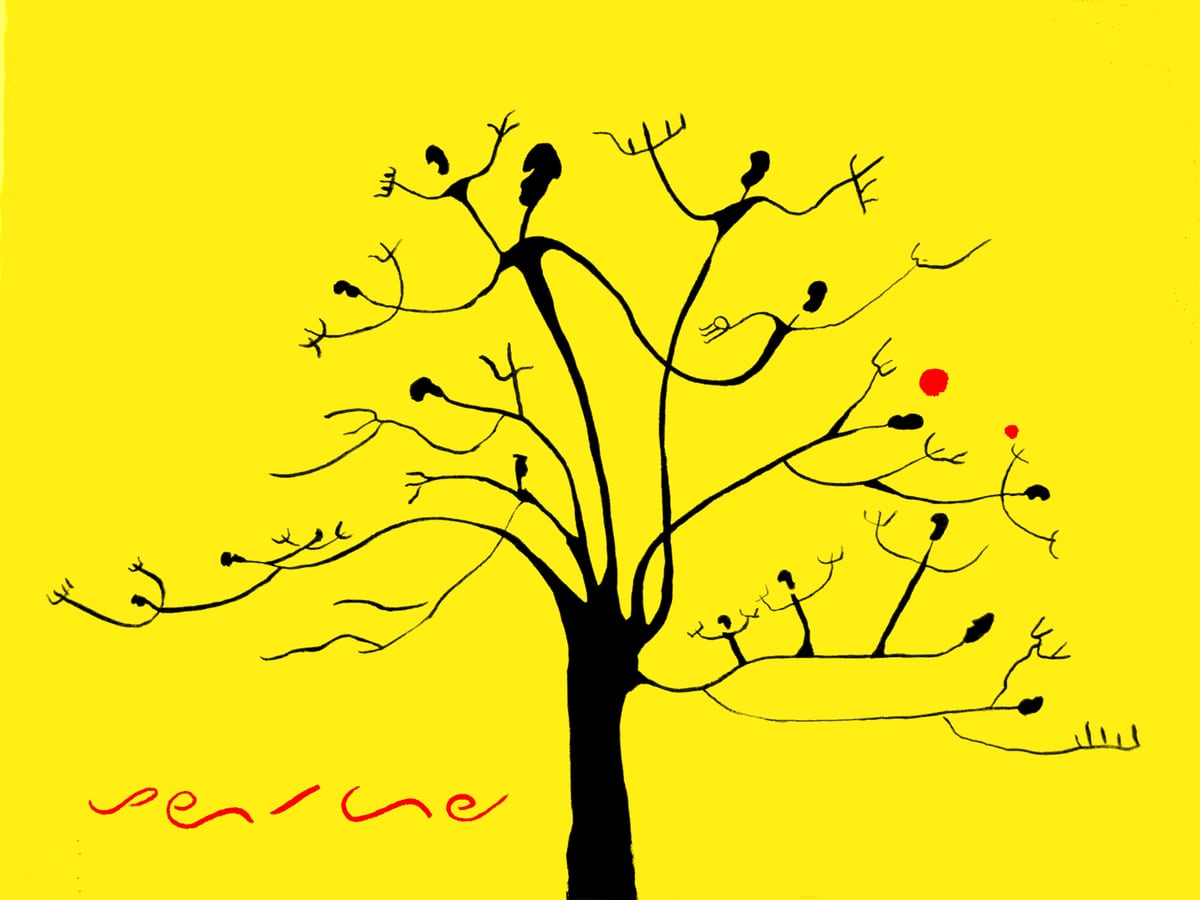 Naturaleza en amarillo, de Peniche: árbol negro con pájaros estilizados sobre fondo amarillo intenso.