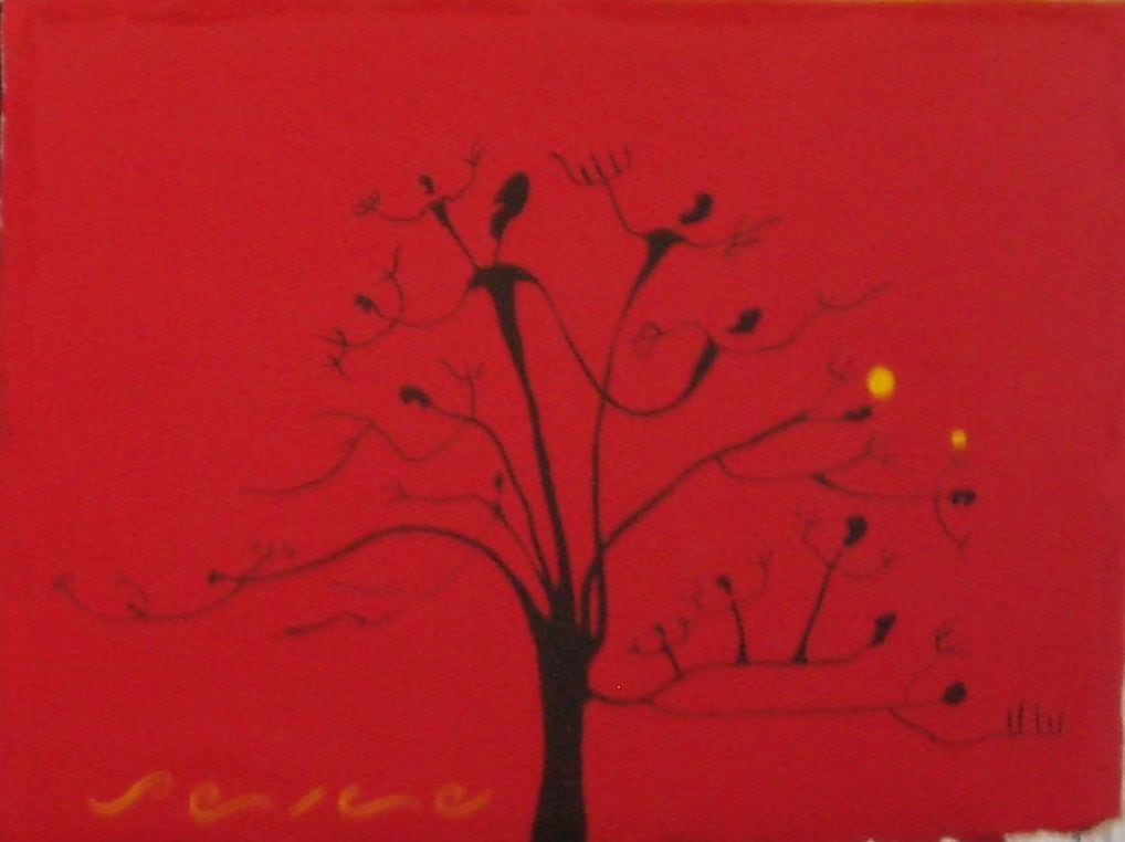 Naturaleza en rojo, de Peniche: árbol negro con pájaros estilizados sobre fondo rojo, panel del cuádriptico Árbol de la Vida.