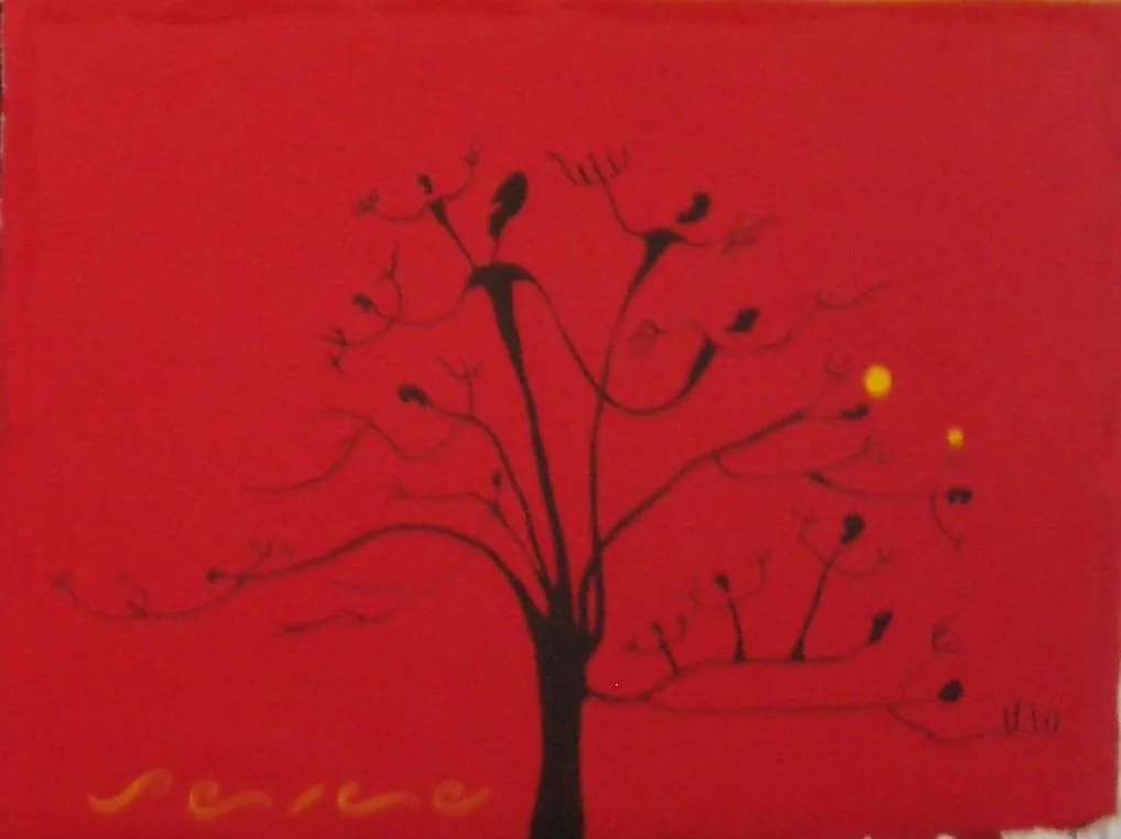 Naturaleza en rojo, de Peniche: árbol negro con pájaros estilizados sobre fondo rojo, panel del cuádriptico Árbol de la Vida.