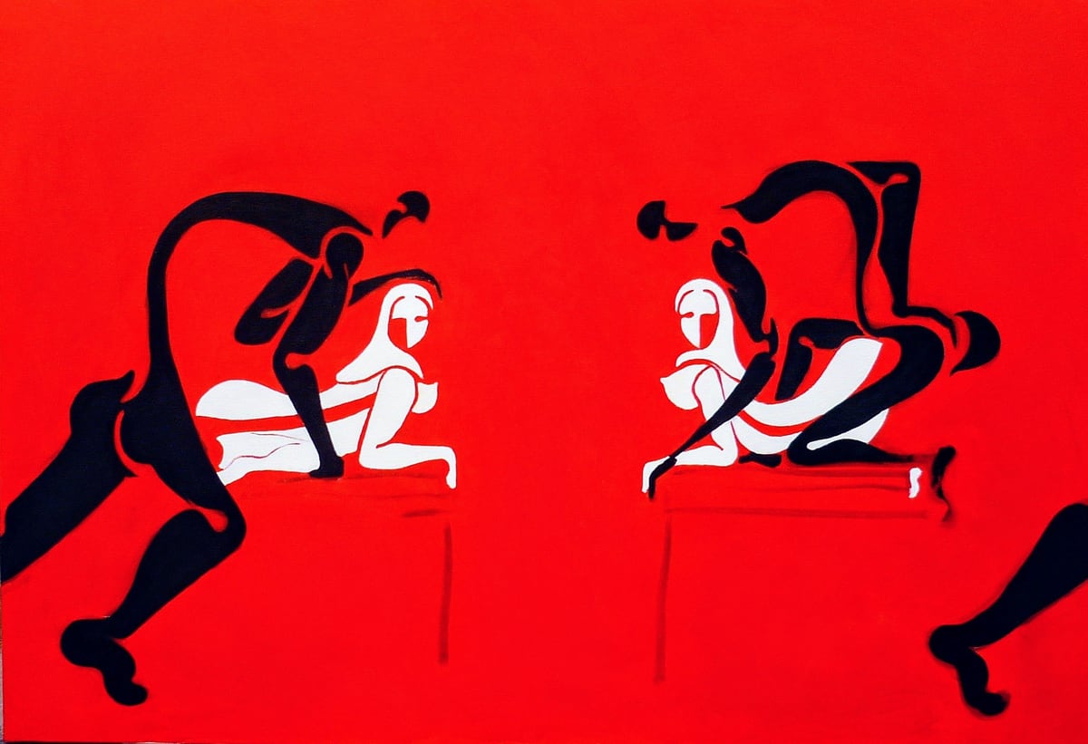 Passeig des Born, Palma de Mallorca, by Peniche: two couples in black and white on pedestals, on an intense red background.