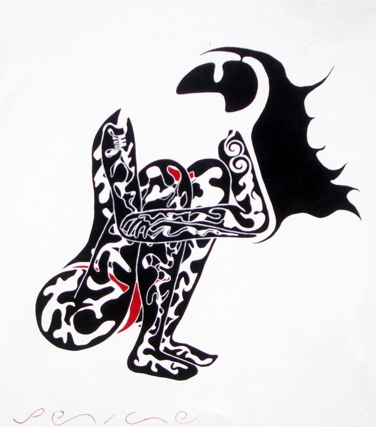 Pensativa (Thinking), by Peniche: a crouching figure in black with white patterns and red details on a white background.