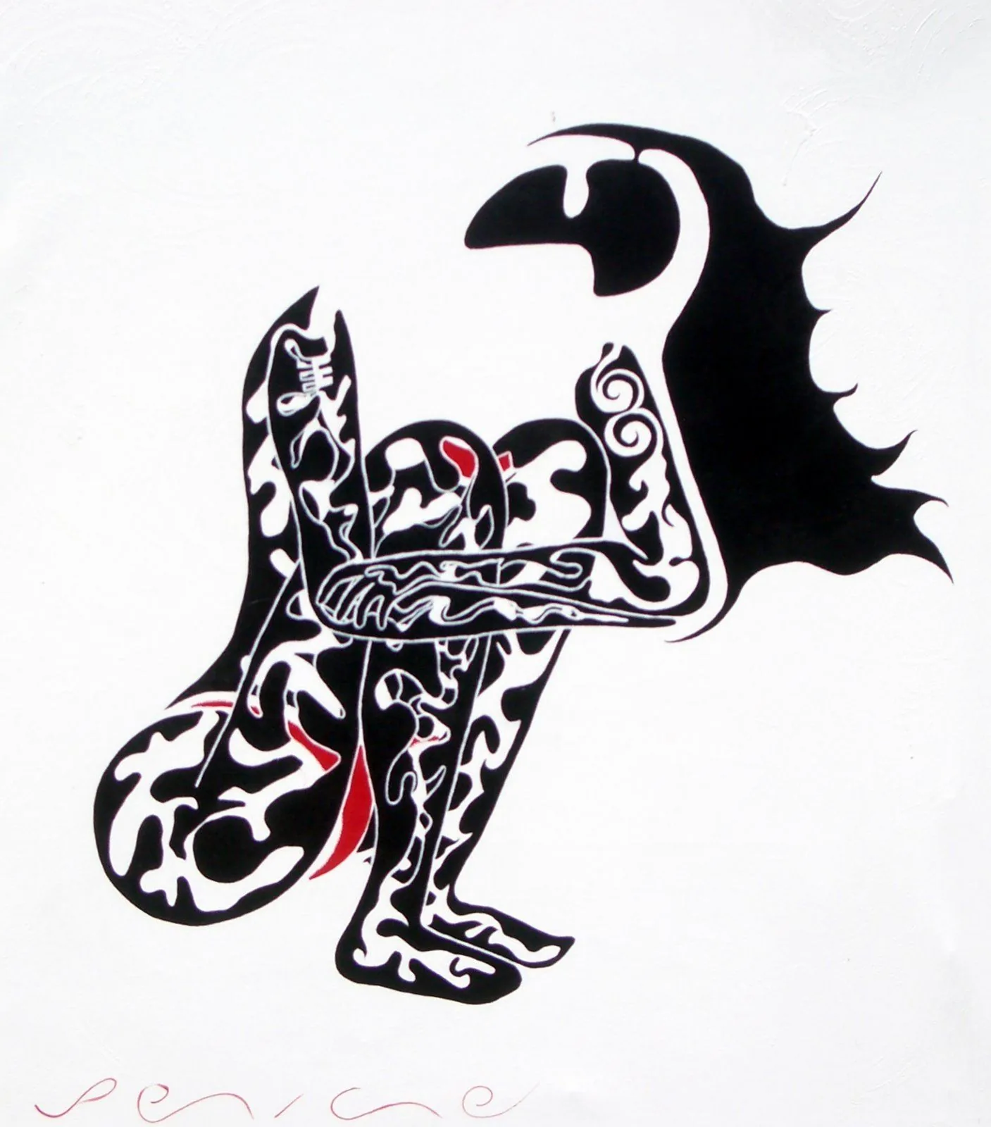 Pensativa (Thinking), by Peniche: a crouching figure in black with white patterns and red details on a white background.