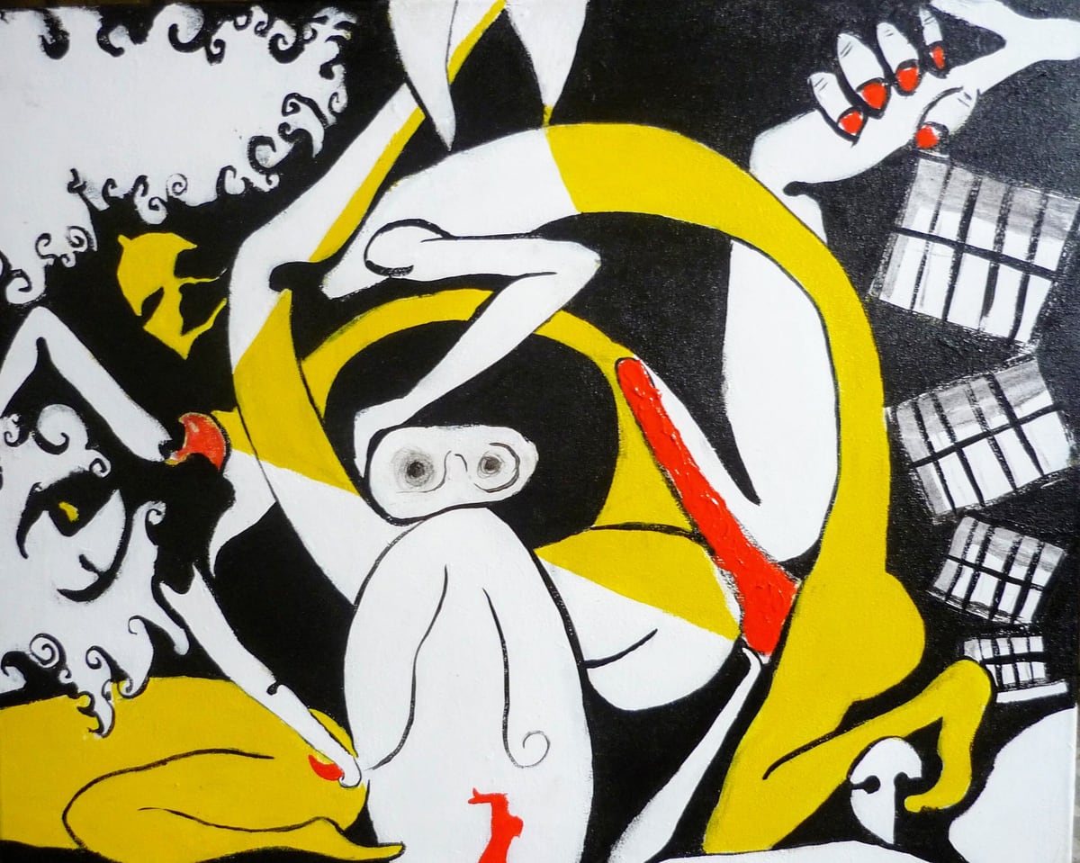 Playa de Barcelona (Barcelona Beach), by Peniche: intertwined nude bodies in white, yellow and black, with red touches and window cubes.