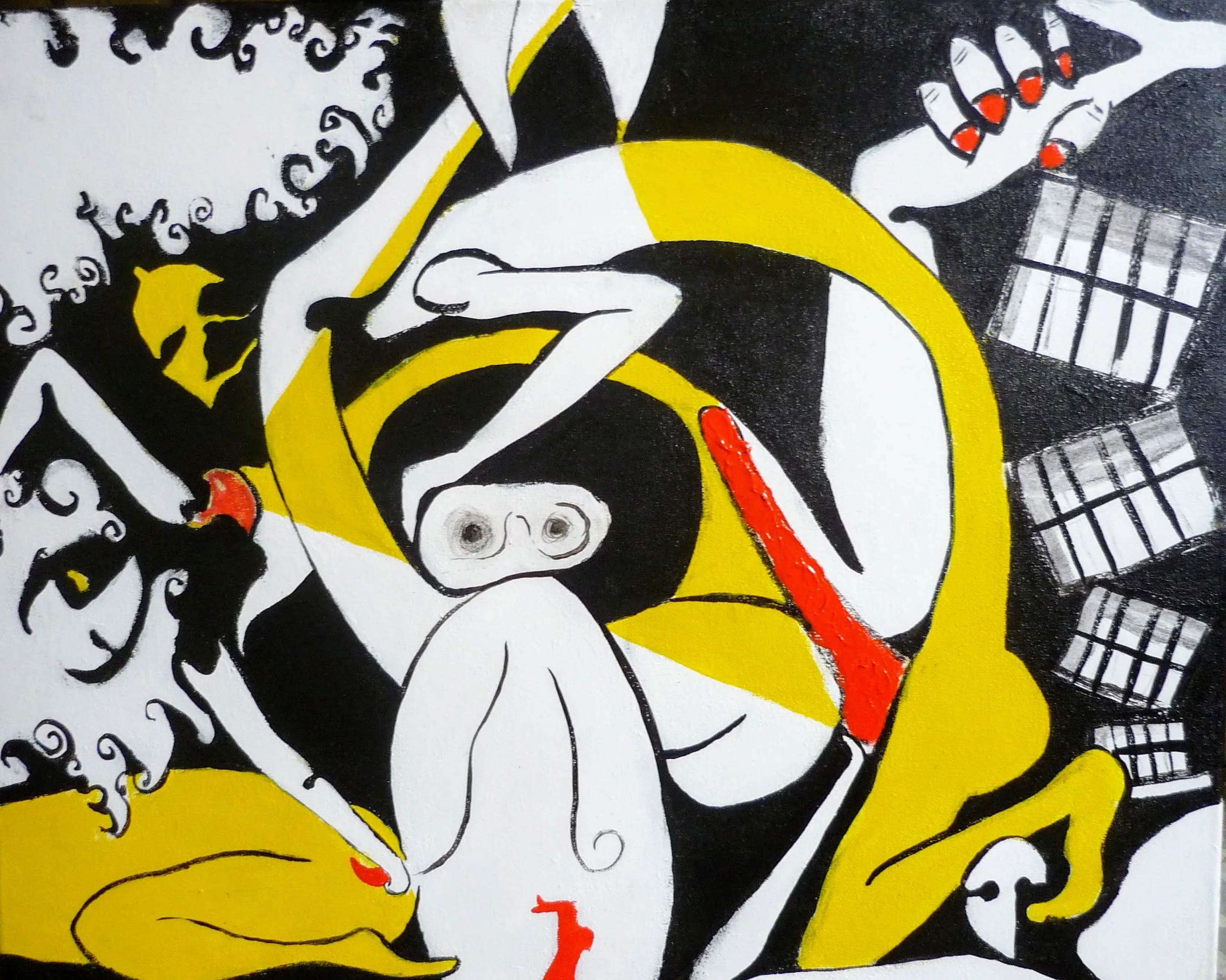 Playa de Barcelona (Barcelona Beach), by Peniche: intertwined nude bodies in white, yellow and black, with red touches and window cubes.