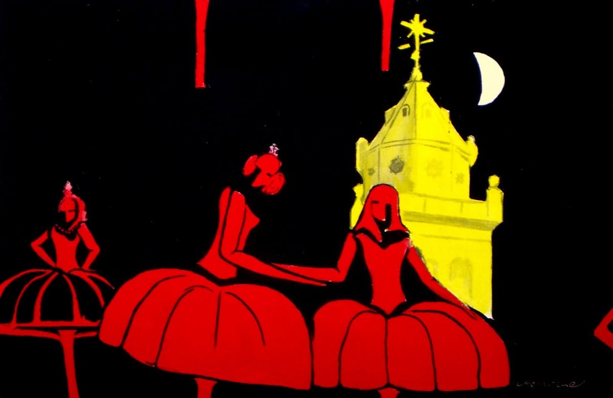 Posando frente a la iglesia (Posing in Front of the Church), by Peniche: three dancers in red skirts pose before a yellow bell tower and a crescent moon, on a black background.