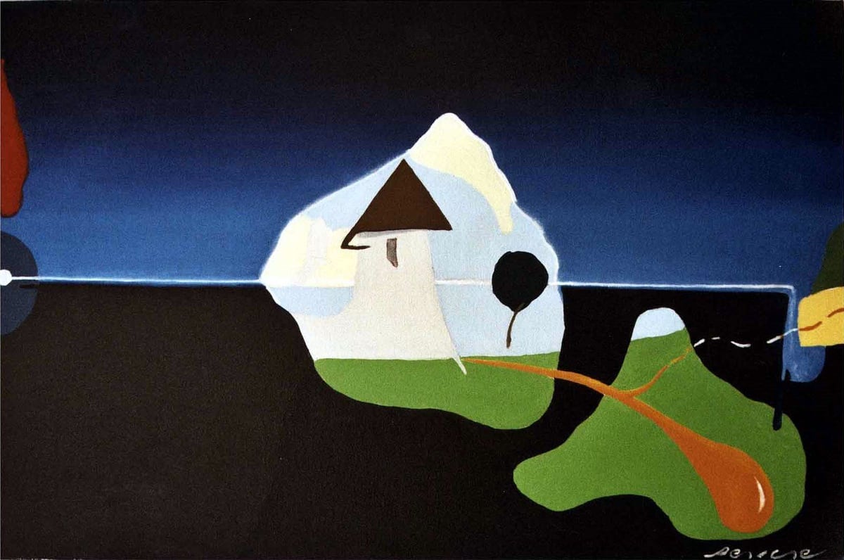 Princesa (Princess), by Peniche (oil, 2002): a surreal night landscape with a white mountain, a house, a black sphere and a green shape.